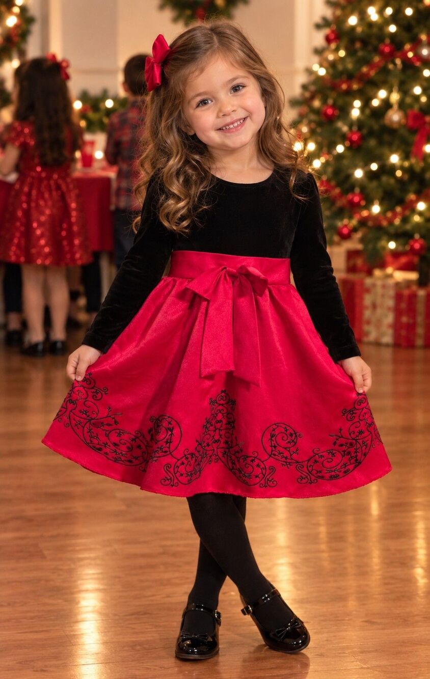 Rare Editions Girls Size 6 Black/Pink Satin Fit & Flare Long Sleeve Bow Dress